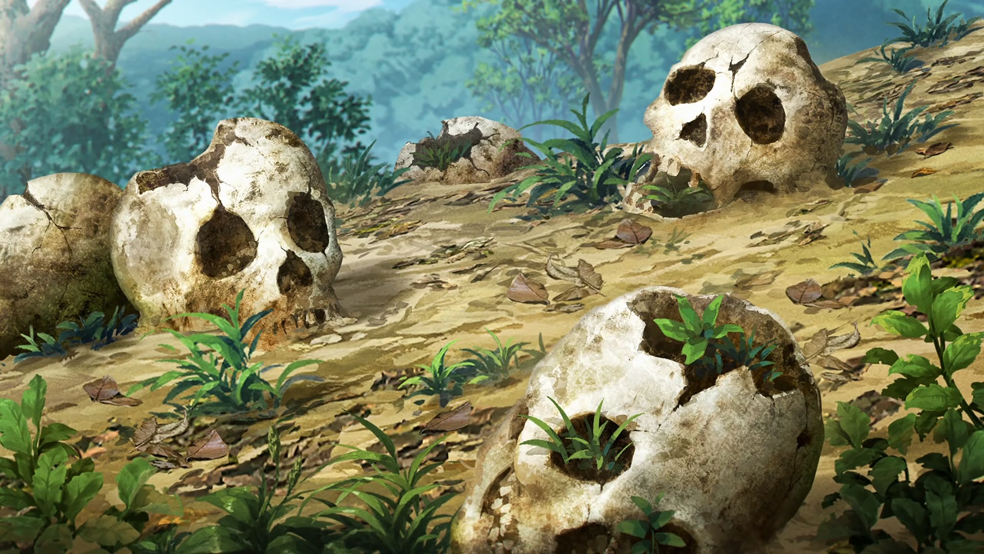 A group of weathered skulls, grass growing through them, cluttered together on a hill side